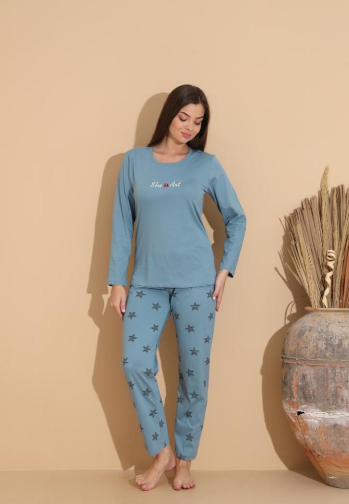 Pijama Dama „She is Art” ,Pantaloni si Maneca Lunga,Culoare Albastru Deschis,Engros